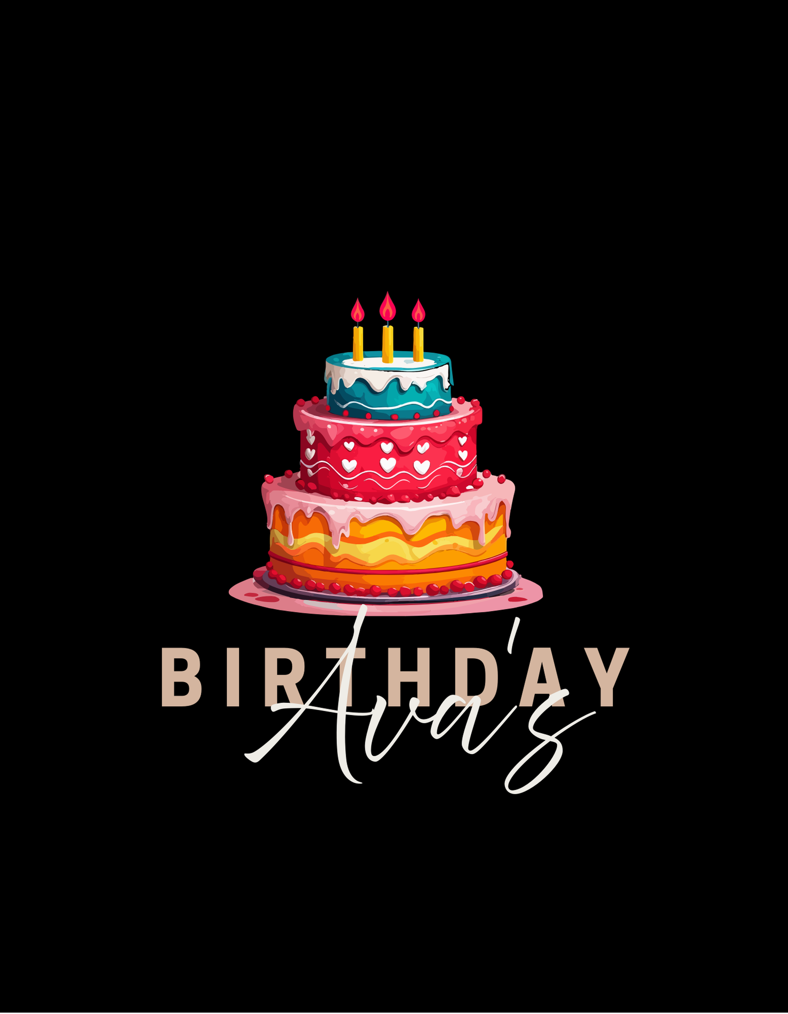 Black T-shirt design: birthday cake graphic with 'BIRTHDAY' lettering