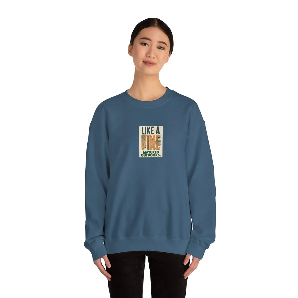 Blue crewneck sweatshirt with 'LIKE A PINE' front graphic on model