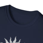 Navy T-shirt close-up of crew neck and sun/moon emblem print
