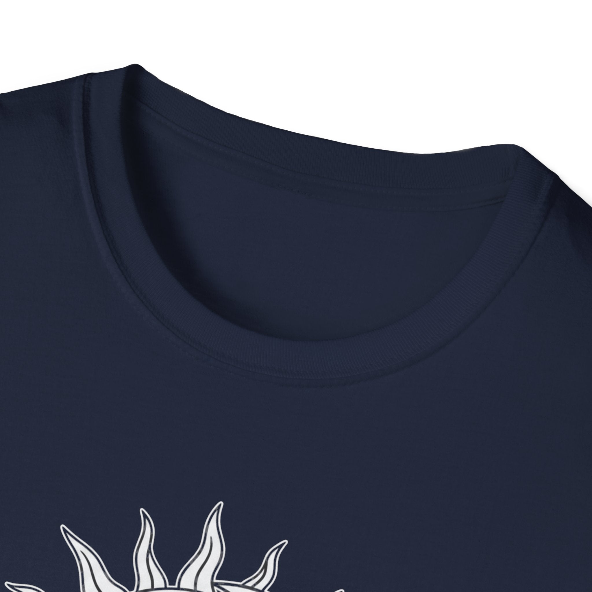 Navy T-shirt close-up of crew neck and sun/moon emblem print
