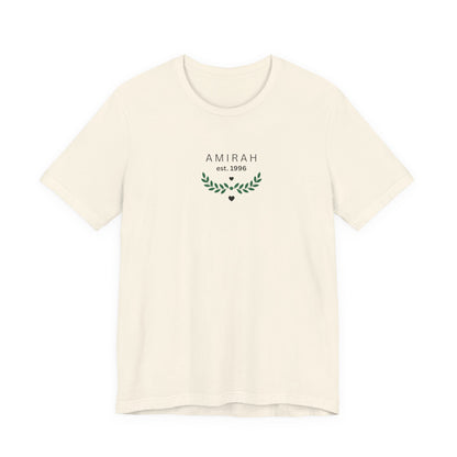 Personalized Name Tee — “AMIRAH est. 1996” Floral Monogram T-Shirt