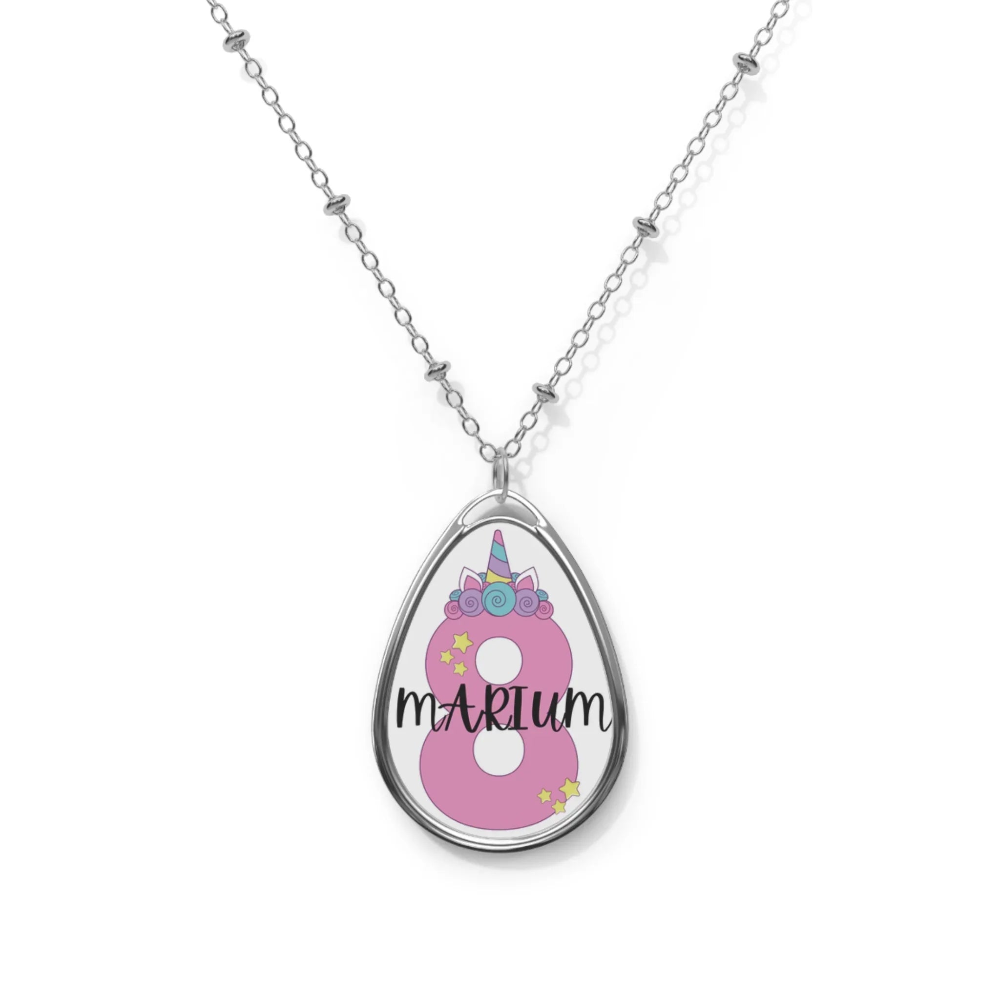 Silver oval pendant necklace with pink unicorn design and name "MARIUM"