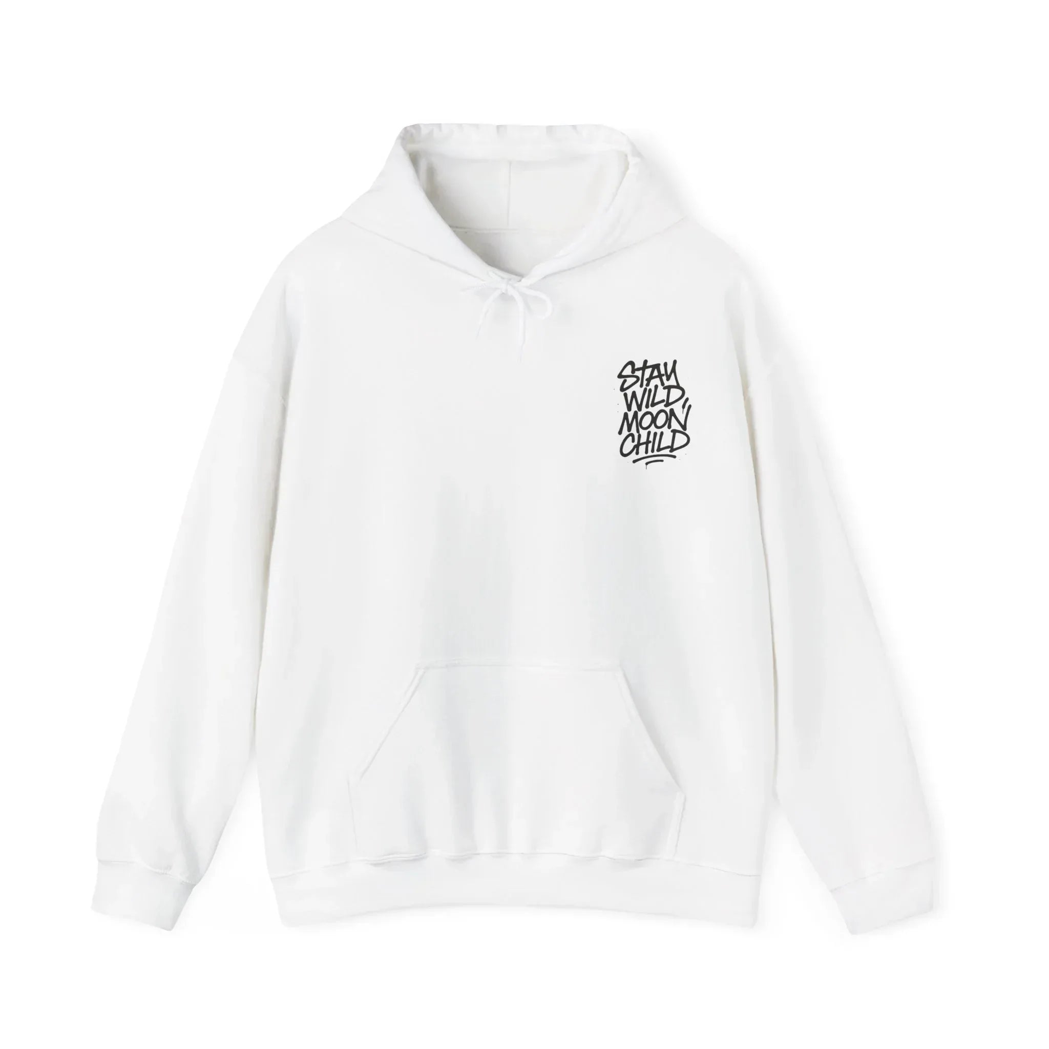White minimal graphic hoodie with hood and front pocket, “Stay Wild Moon Child” chest logo