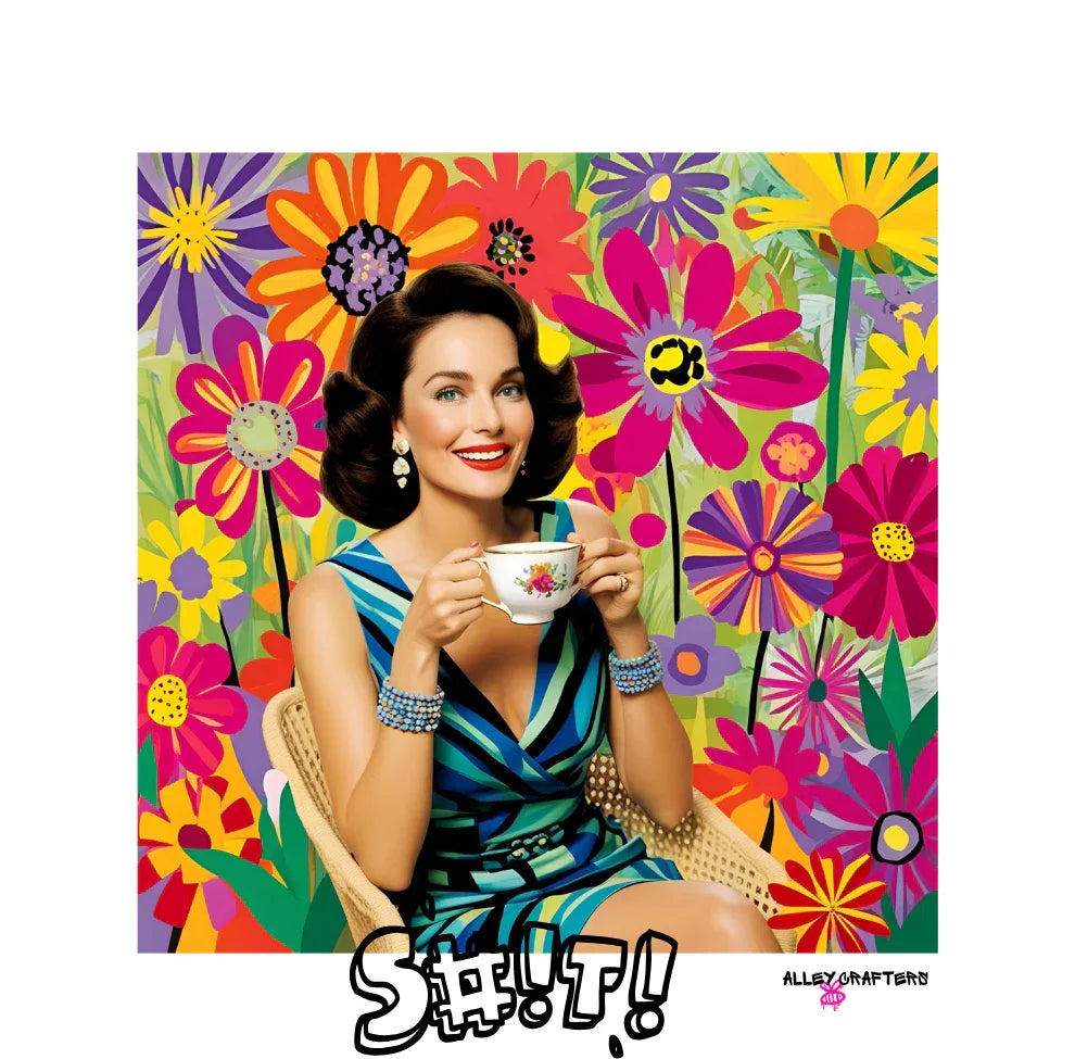 White coffee mug close-up with floral print, portrait woman, and stylized text