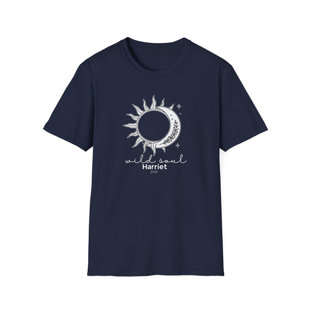 Navy graphic T-shirt with sun/moon emblem and 'wild soul Harriet' print