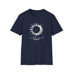 Navy graphic T-shirt with sun/moon emblem and 'wild soul Harriet' print