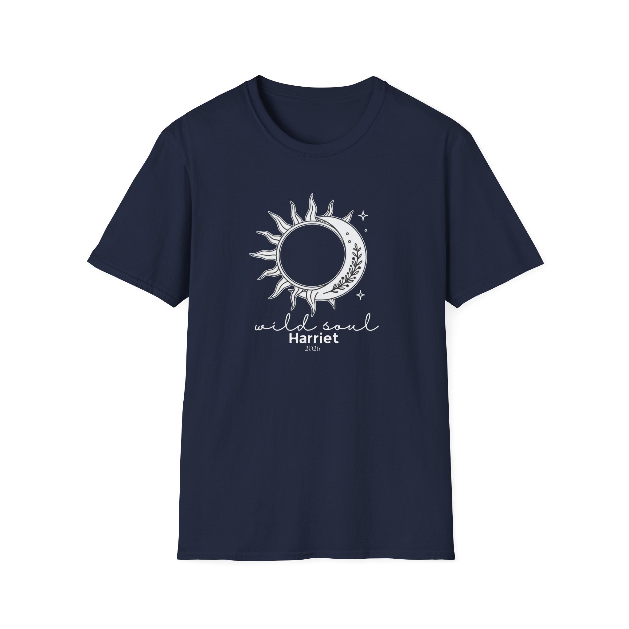 Navy graphic T-shirt with sun/moon emblem and 'wild soul Harriet' print
