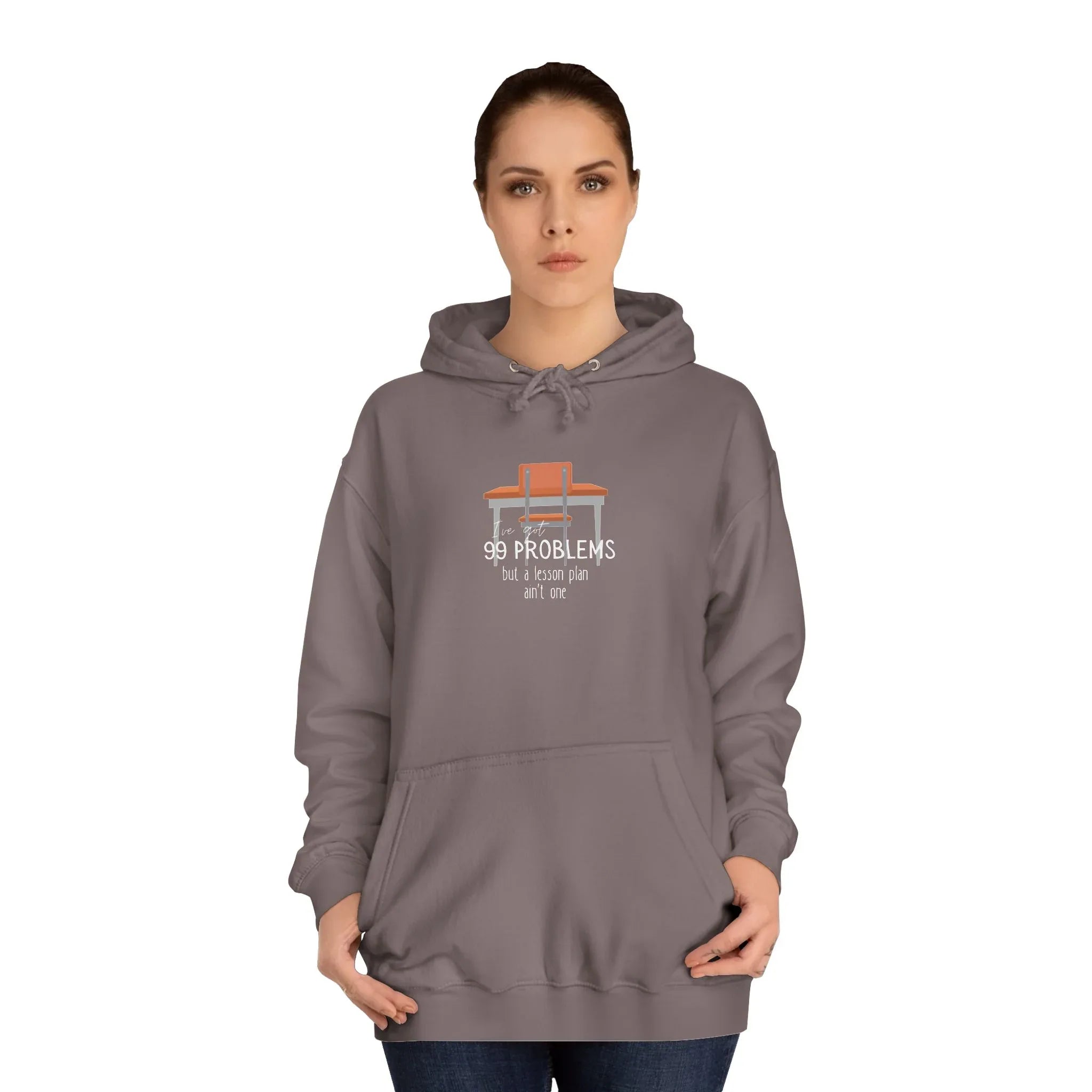 Gray unisex hoodie with drawstring hood and front pocket; desk '99 problems' print.