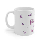 Personalised butterfly mug with purple butterflies and name text starting with Ella.