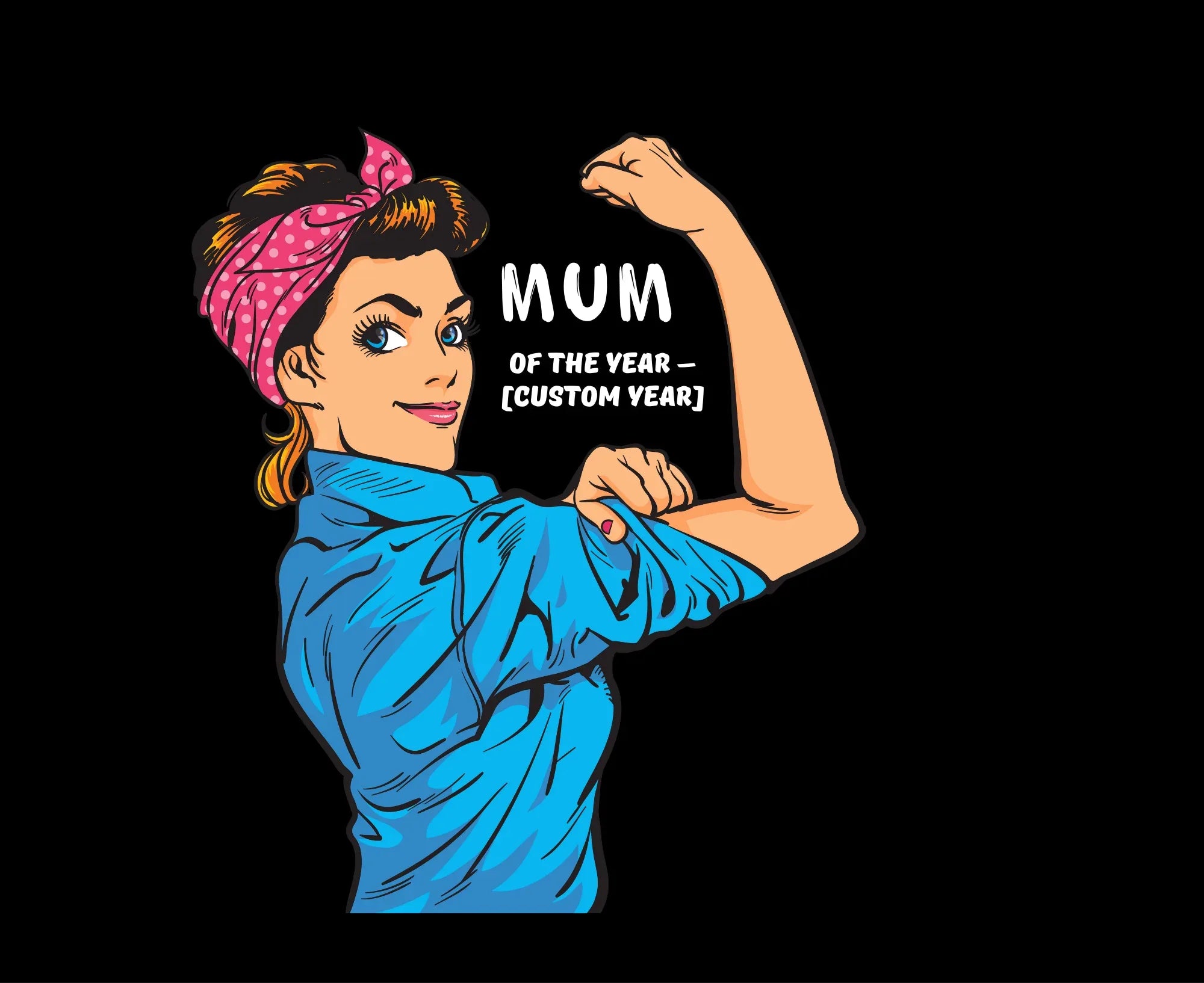 Mum of the Year hoodie sweatshirt with colorful woman flexing graphic on front