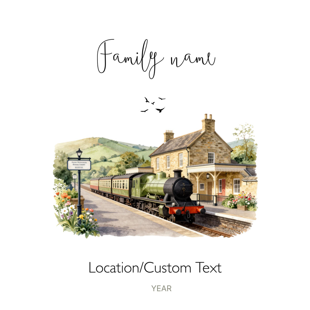 Personalised white tote bag artwork with family name and countryside train station scene
