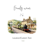 Personalised white tote bag artwork with family name and countryside train station scene