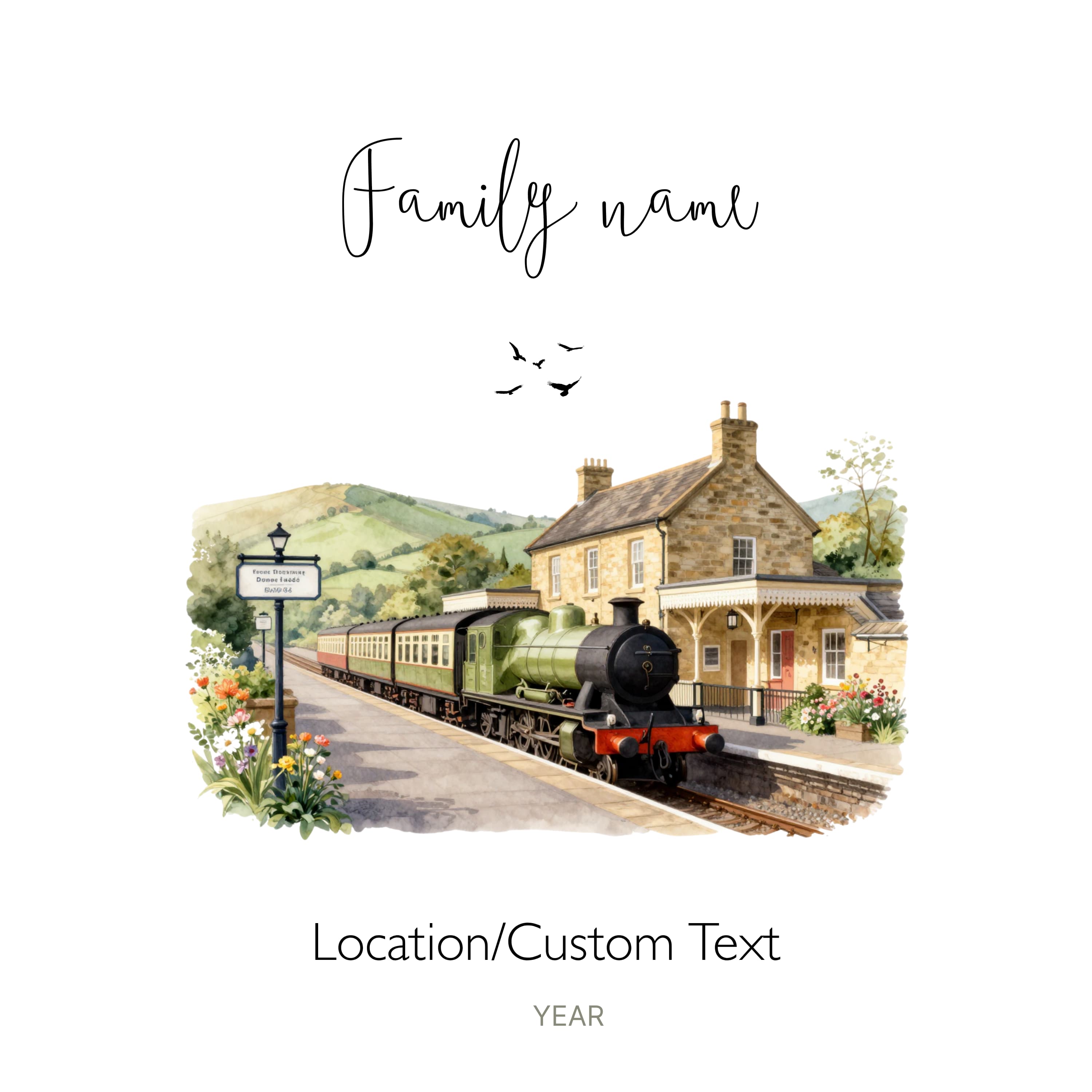 Personalised white tote bag artwork with family name and countryside train station scene