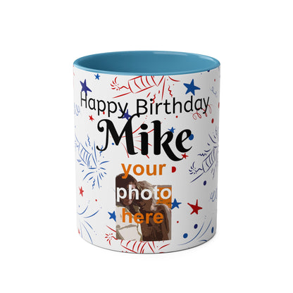 Happy birthday personalised photo and name Two-Tone Coffee Mugs, 11oz