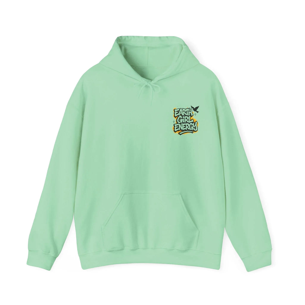 Mint green hoodie with drawstring hood and front pouch pocket, featuring "Earth Girl Energy" logo.