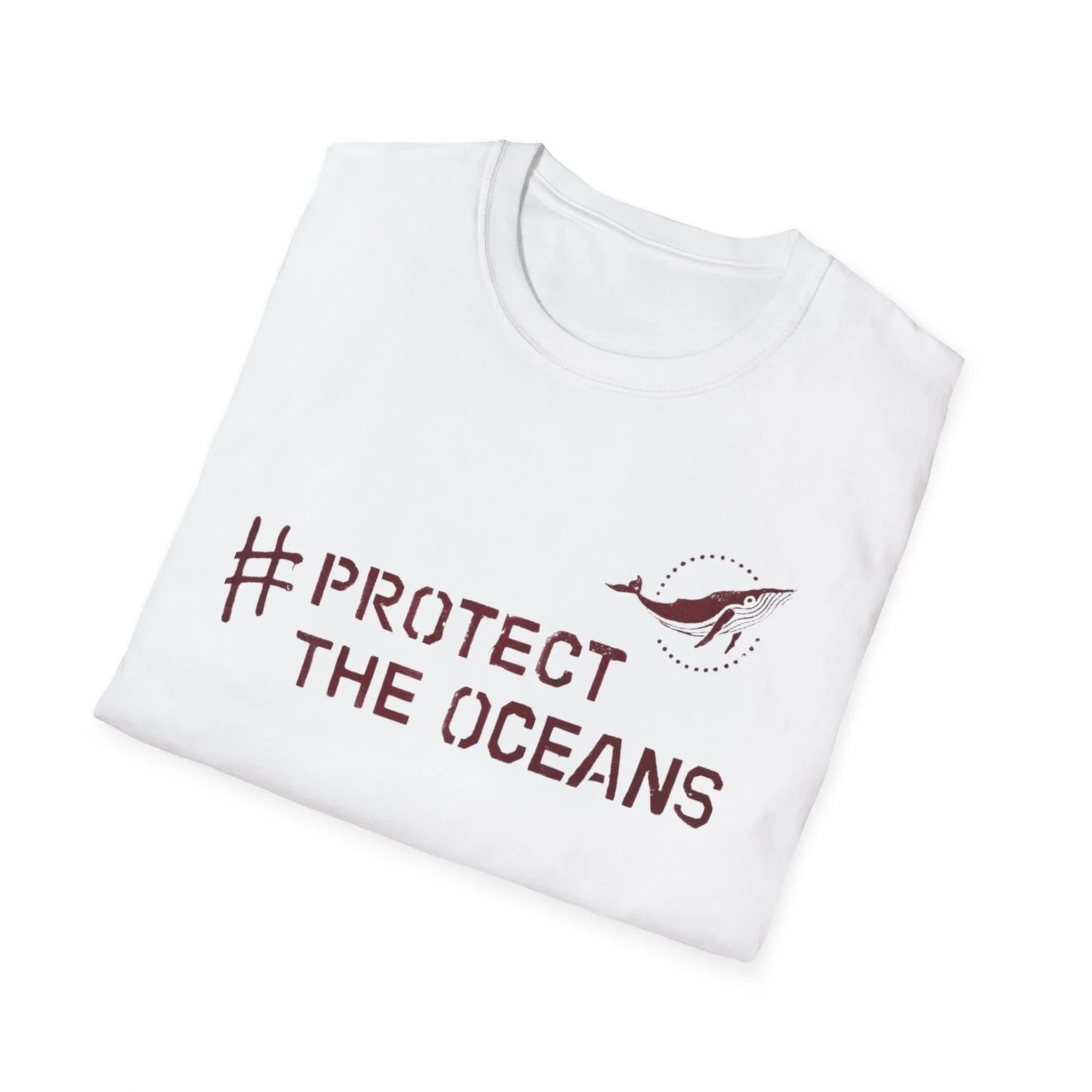 White T-shirt with #PROTECT THE OCEANS text and bird graphic on front