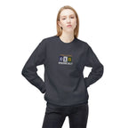 Navy sweatshirt with dad jokes slogan graphic on front