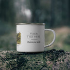 White enamel mug with silver rim, customizable text: YOUR TEXT HERE, Choose your words.