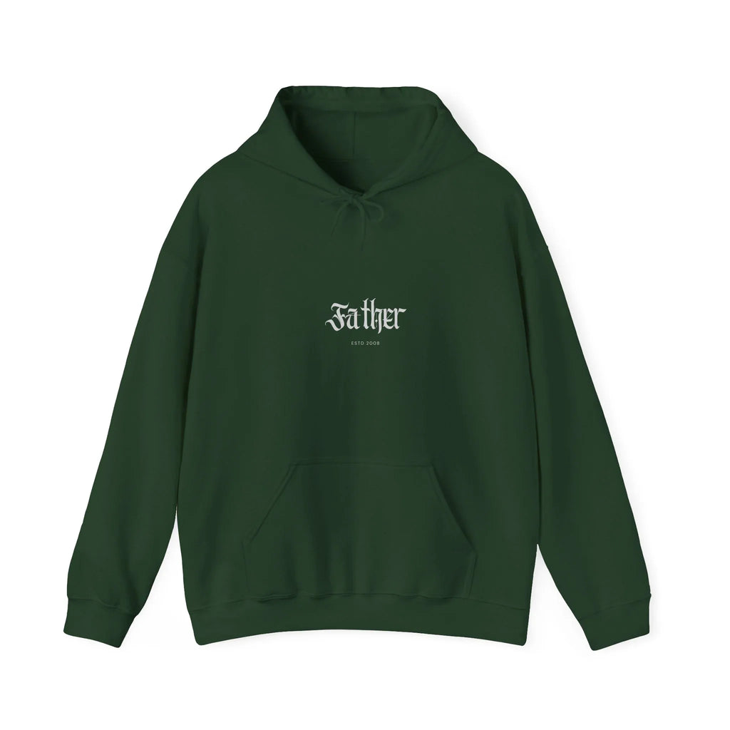 Forest green pullover hoodie with front pocket, hood drawstring, and small chest logo.