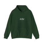 Forest green pullover hoodie with front pocket, hood drawstring, and small chest logo.
