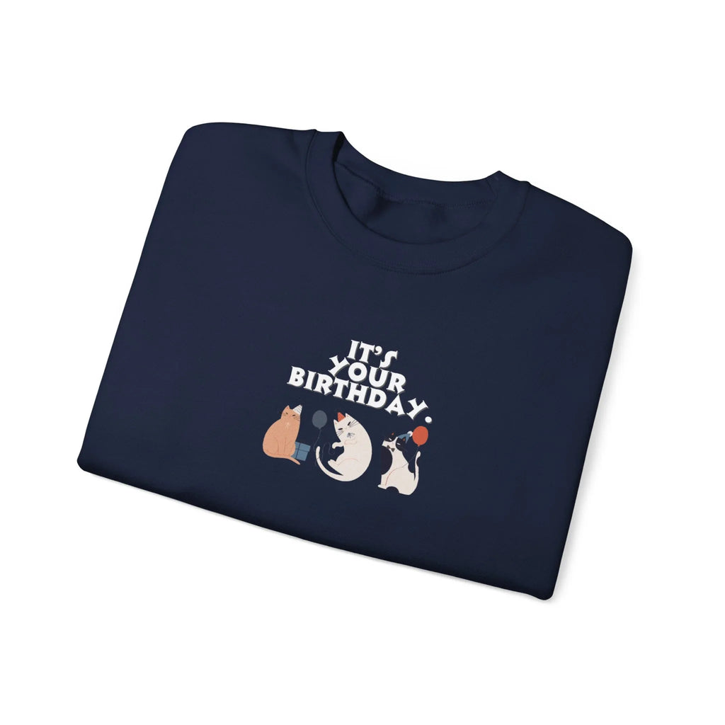 Navy crewneck cat birthday sweatshirt with front graphic cats and “It’s your birthday” text