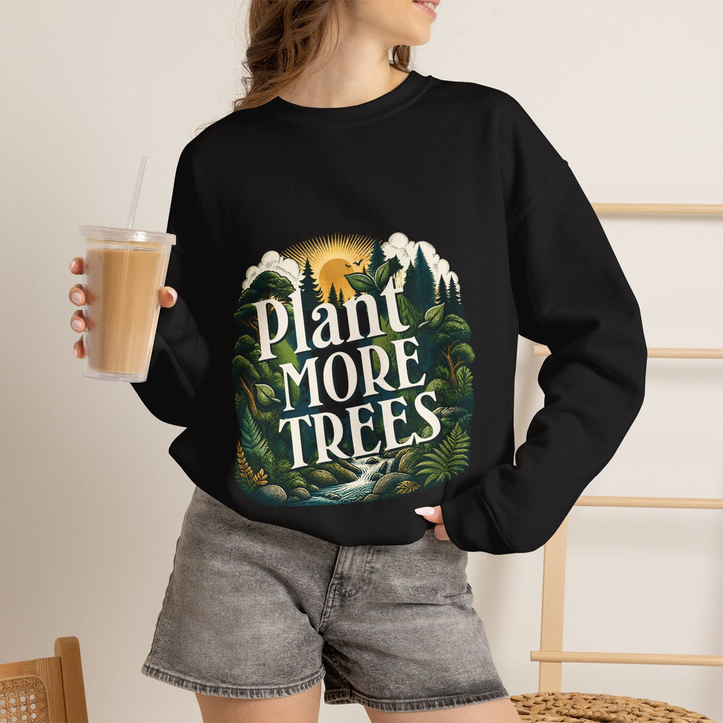 Black crewneck sweatshirt with tree and forest graphic on front