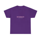 Maternity heavy cotton tee in purple with small pink “Motherhood in Progress” print