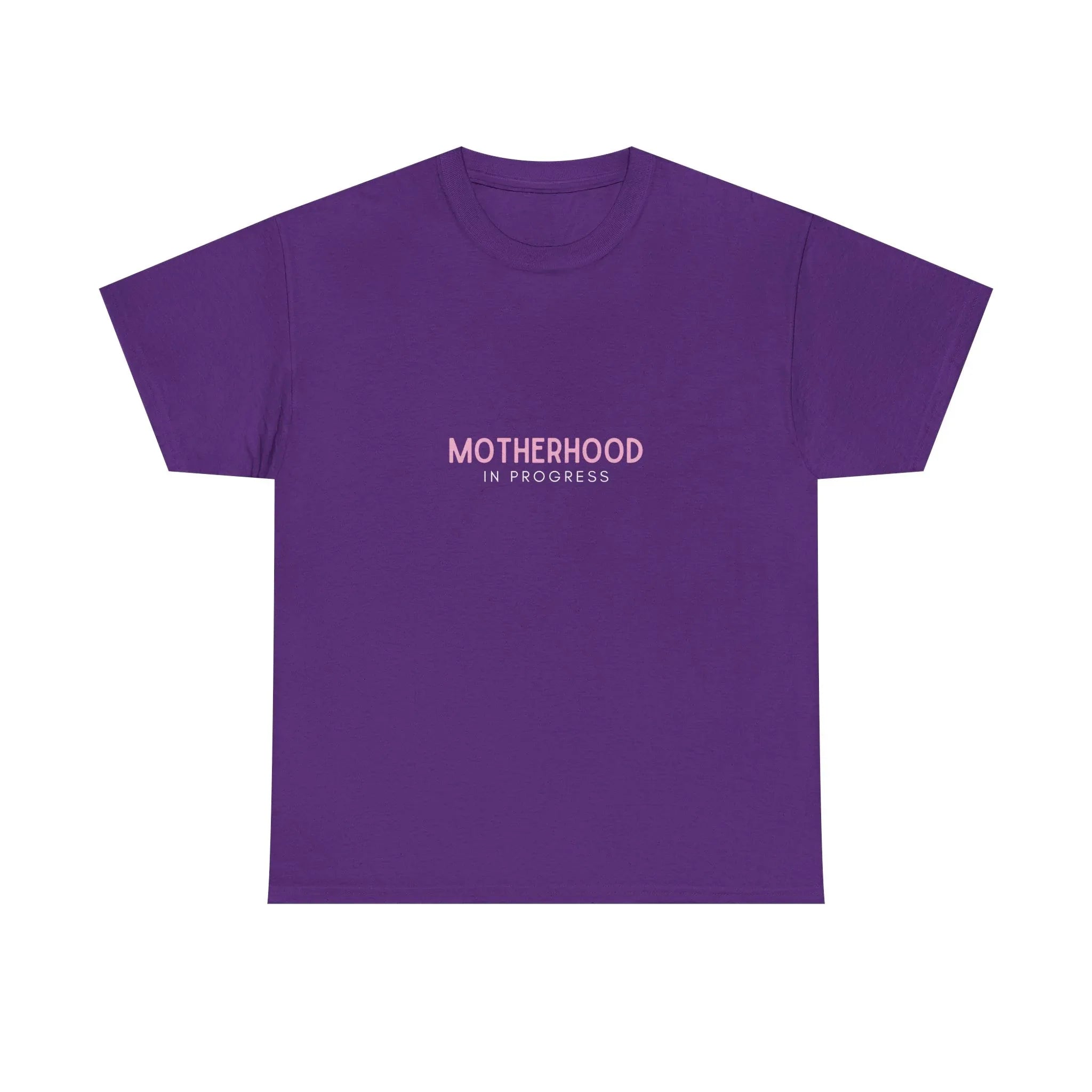 Maternity heavy cotton tee in purple with small pink “Motherhood in Progress” print