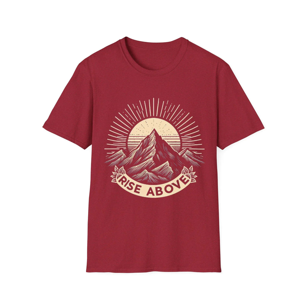 Red short-sleeve T-shirt with mountain sunrise “RISE ABOVE” graphic