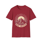 Red short-sleeve T-shirt with mountain sunrise “RISE ABOVE” graphic