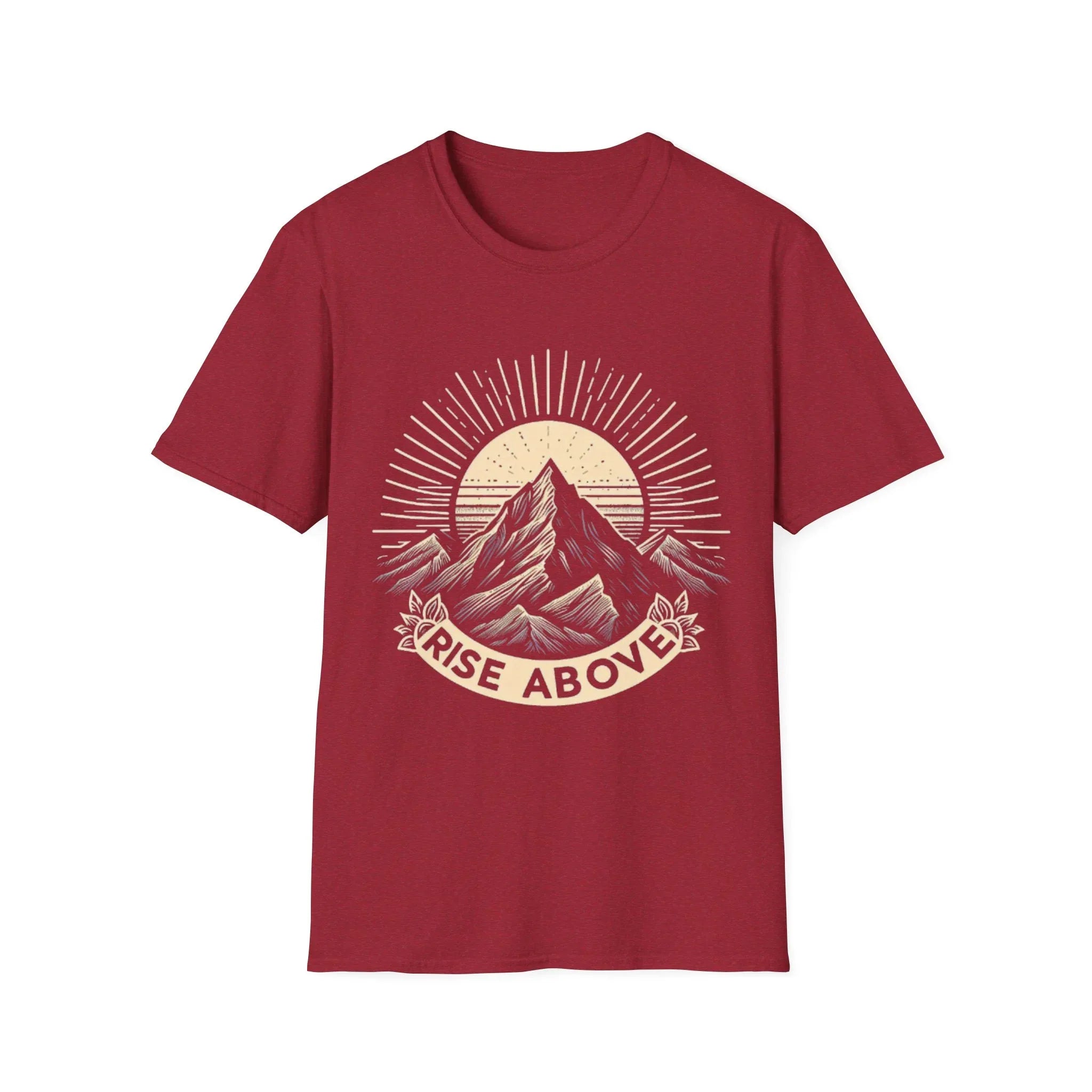 Red short-sleeve T-shirt with mountain sunrise “RISE ABOVE” graphic