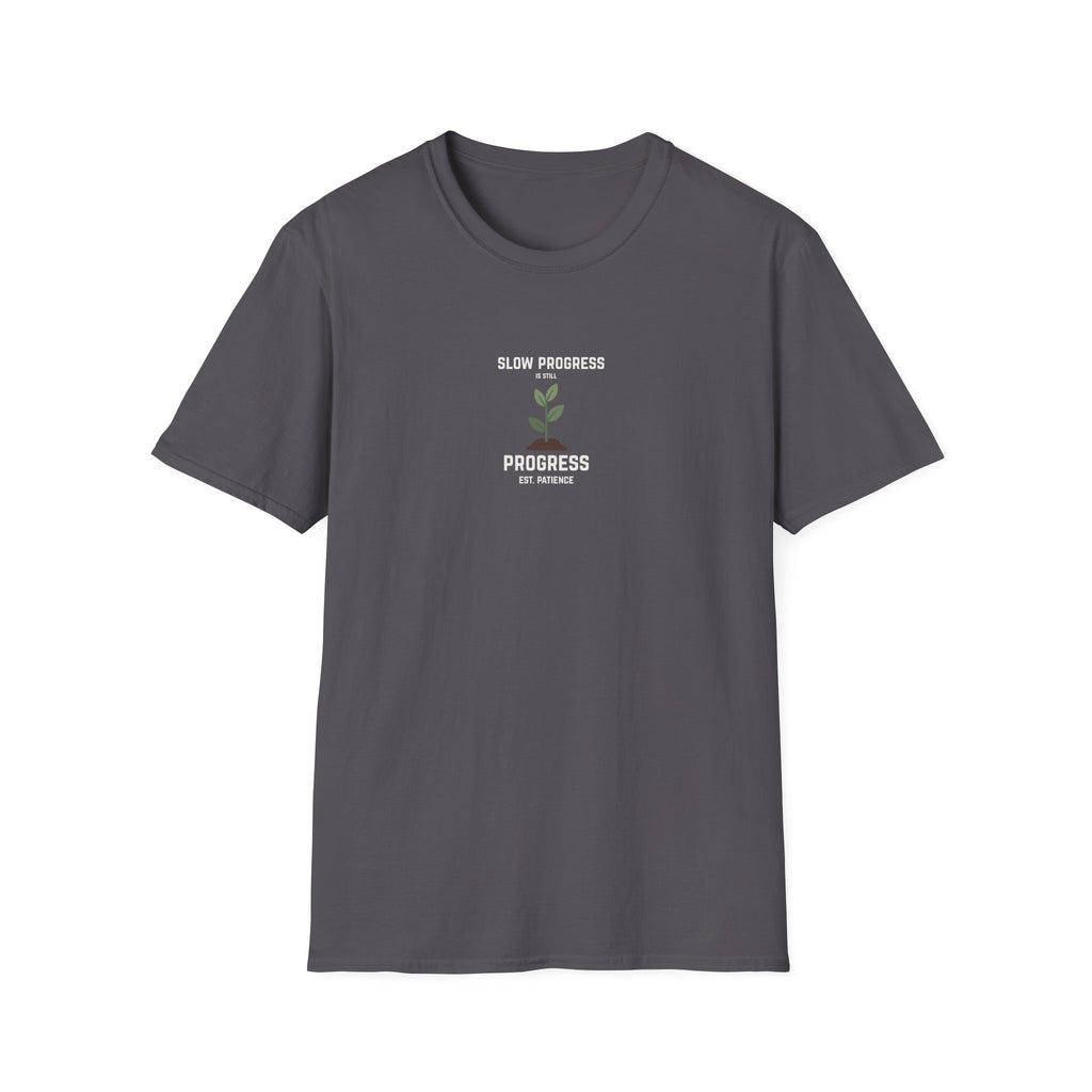 Charcoal crewneck t-shirt with centered 'Slow Progress Is Still Progress' plant graphic