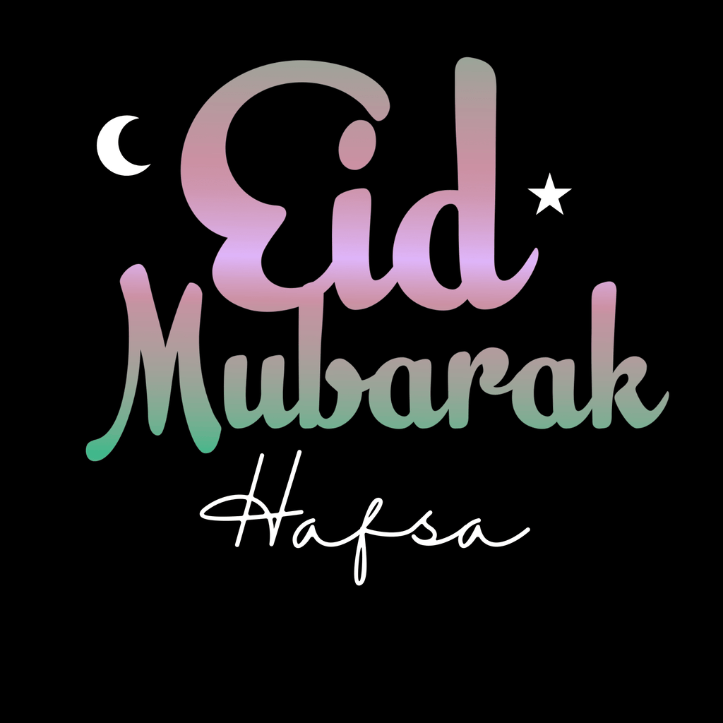Black mug design with Eid Mubarak and custom name Hafsa, crescent and star