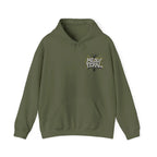Military green pullover hoodie with small chest logo and front pouch pocket