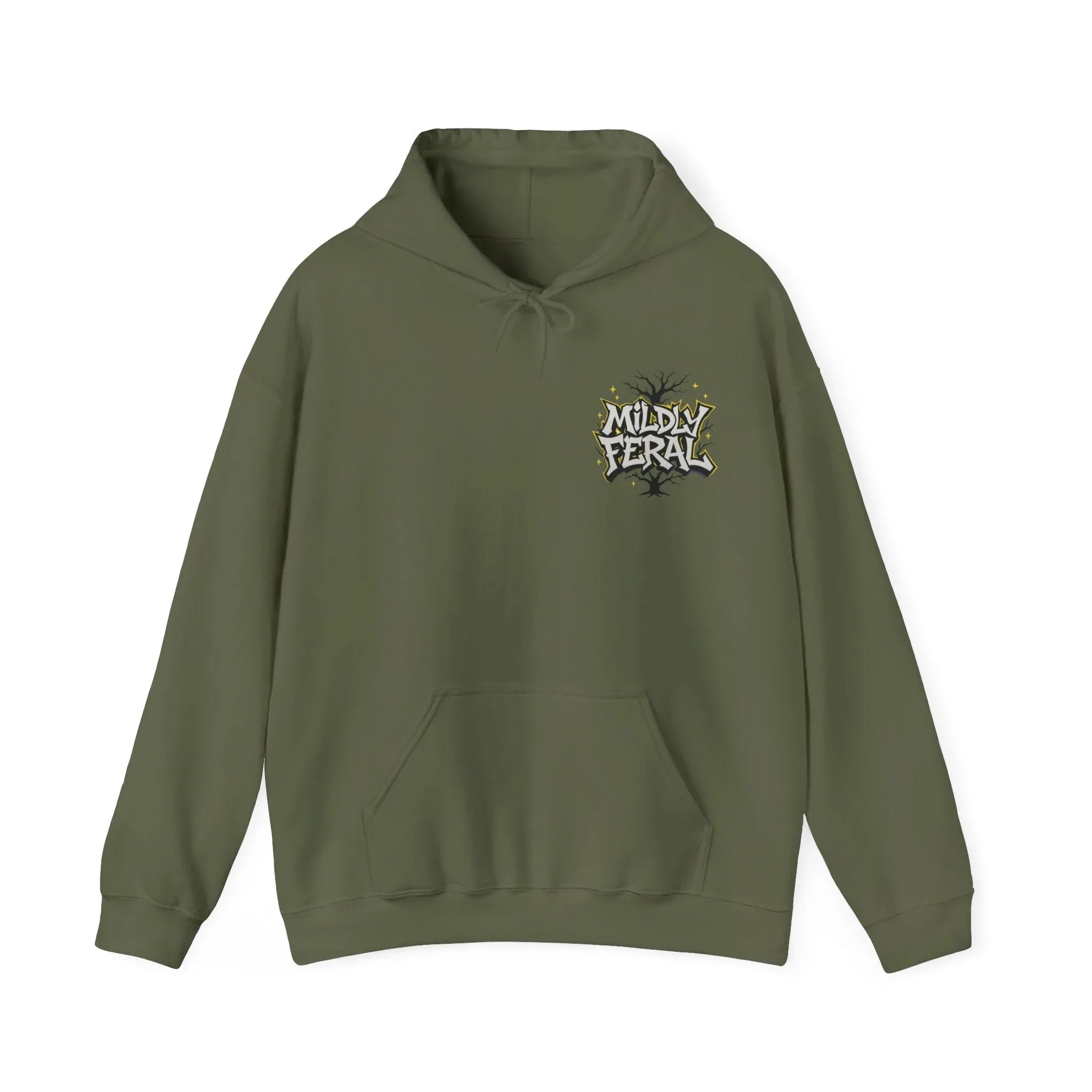 Military green pullover hoodie with small chest logo and front pouch pocket