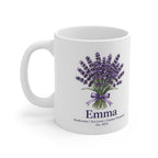 White ceramic mug with lavender bouquet graphic and name Emma