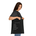 Black tote bag with 'Don't forget to buy' checklist: milk, bread, cheese, toilet paper, snacks.