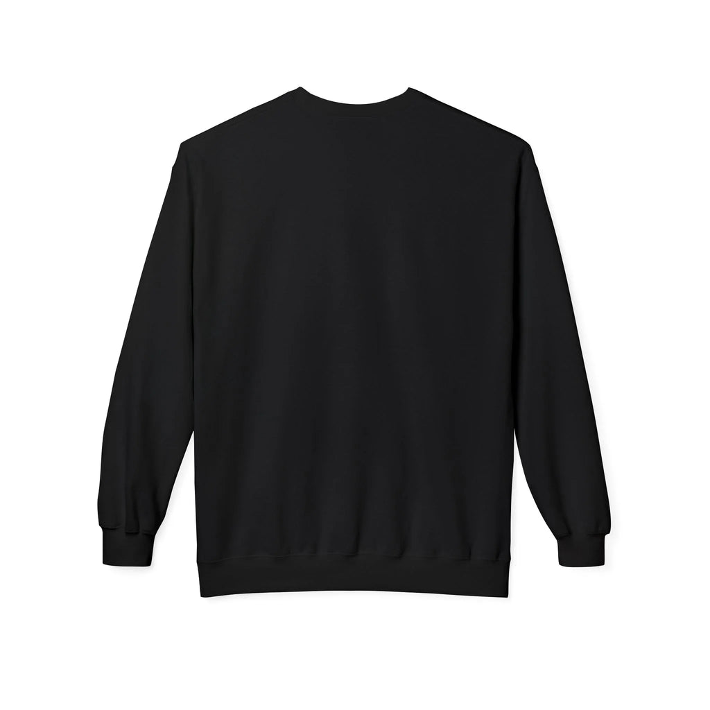 Black sweatshirt, back view with crew neck and long sleeves.