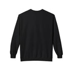 Black sweatshirt, back view with crew neck and long sleeves.
