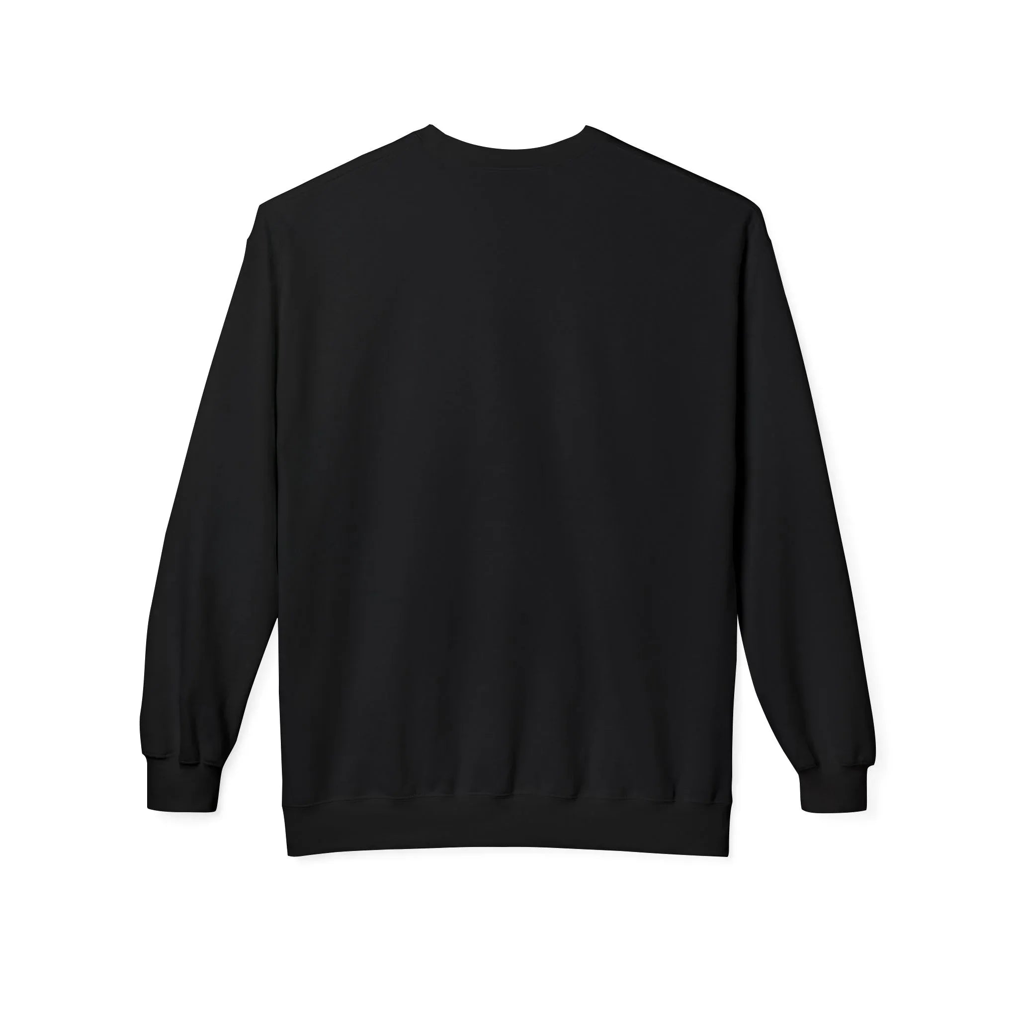 Black sweatshirt, back view with crew neck and long sleeves.