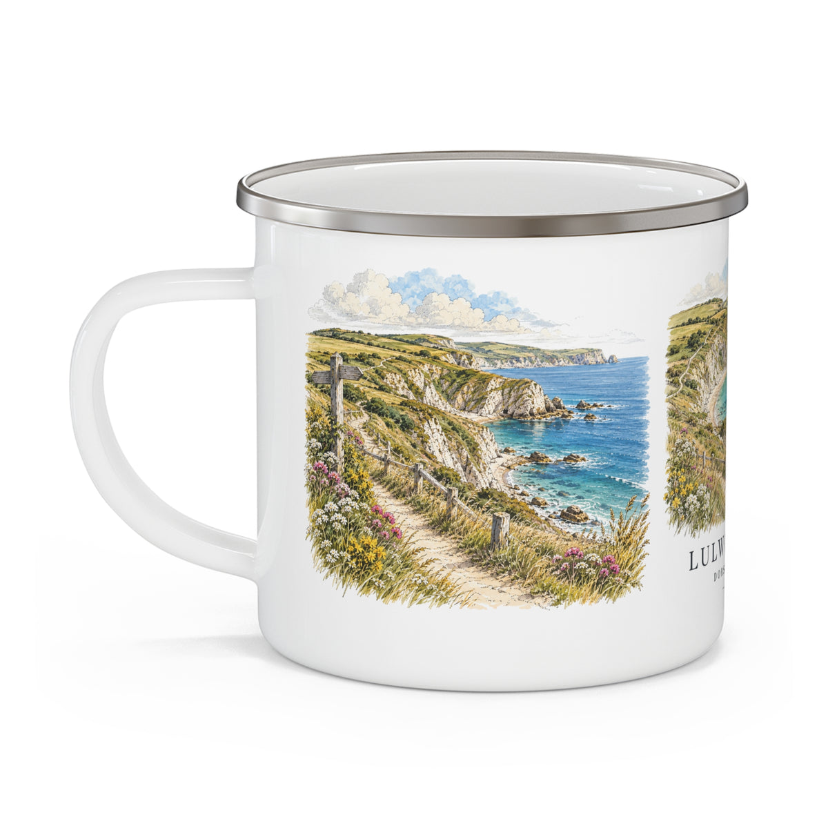 White enamel camping mug with Lulworth Cove coastal artwork, side handle, and silver rim.