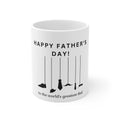 White ceramic mug with “Happy Father’s Day!” and tool silhouettes, front view