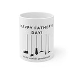 White ceramic mug with “Happy Father’s Day!” and tool silhouettes, front view