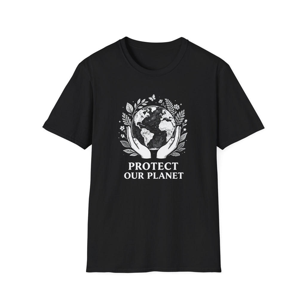 Black T-shirt with globe laurel graphic: 'PROTECT OUR PLANET'