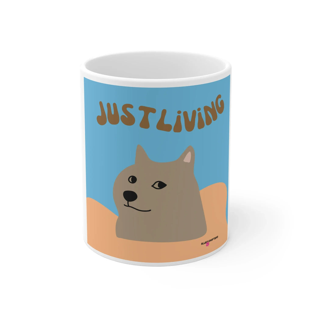 Dog portrait ceramic mug with blue “JUST LIVING” text on front