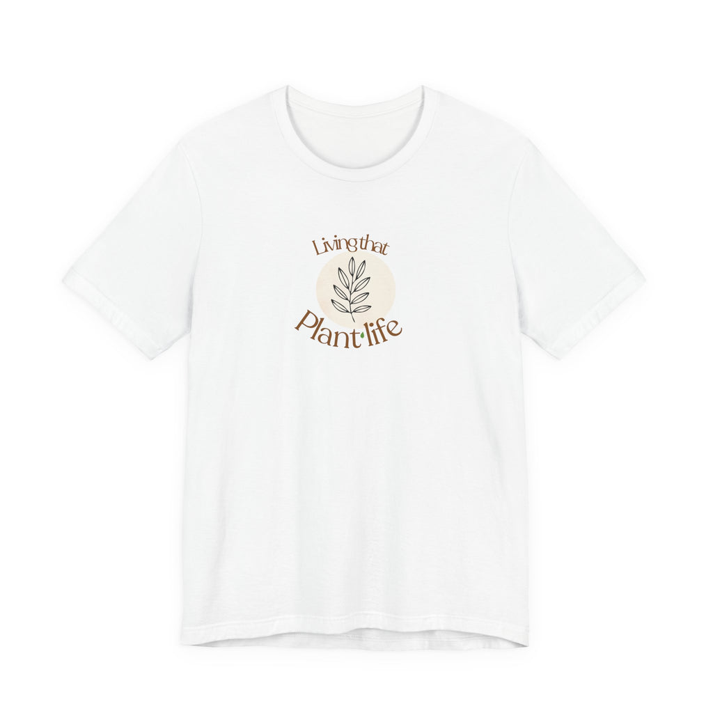 White T-shirt with plant-life leaf graphic centered on the chest