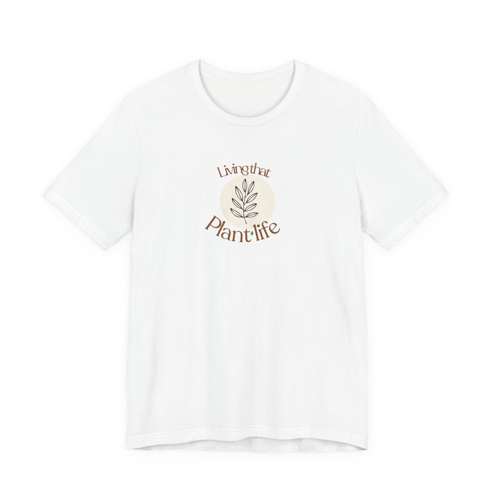White T-shirt with plant-life leaf graphic centered on the chest