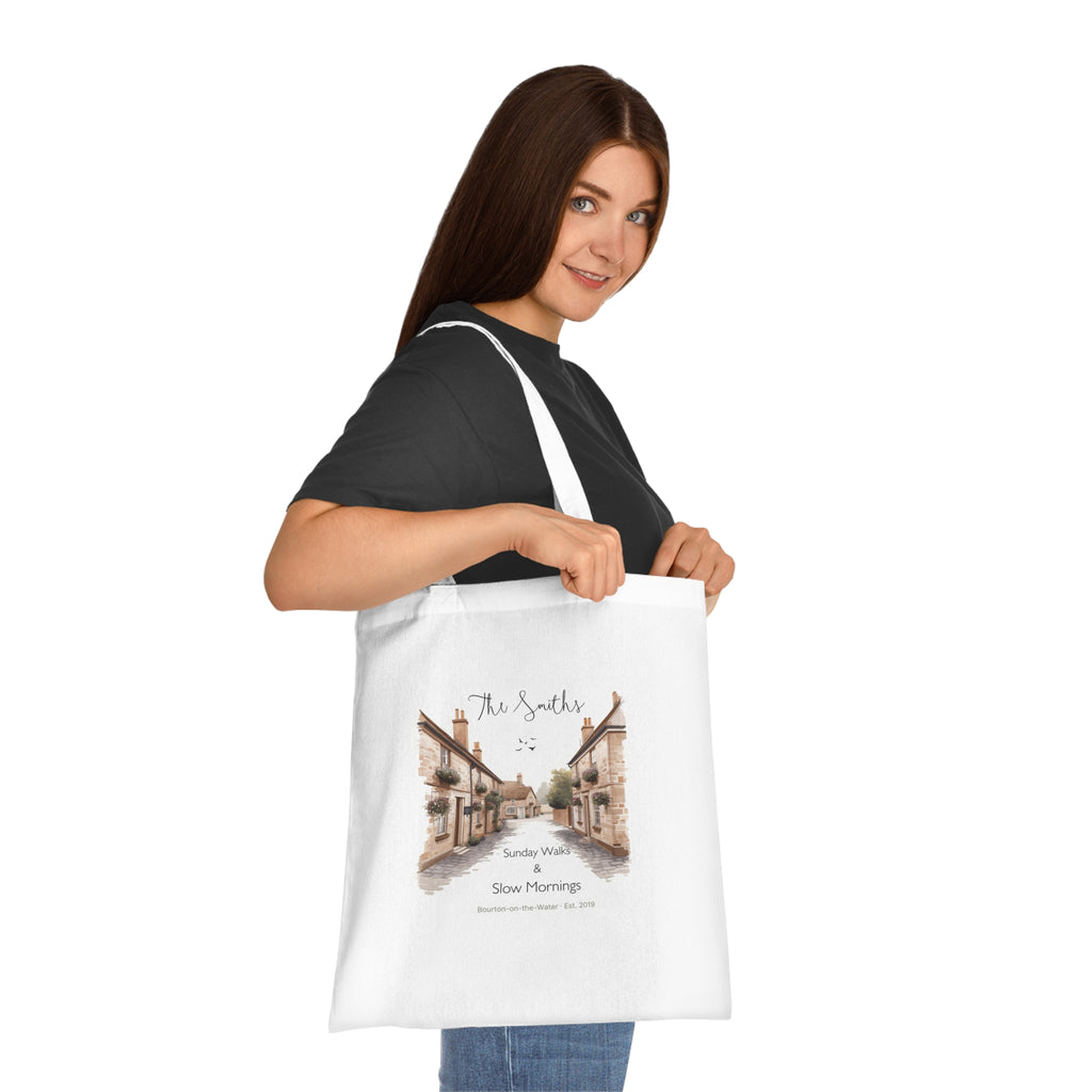 Personalised Village Scene Cotton Tote — 'Sunday Walks, Slow Mornings' Custom Tote Bag