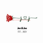 White personalized tote bag close-up with red rose and 'Jen&Joe' text