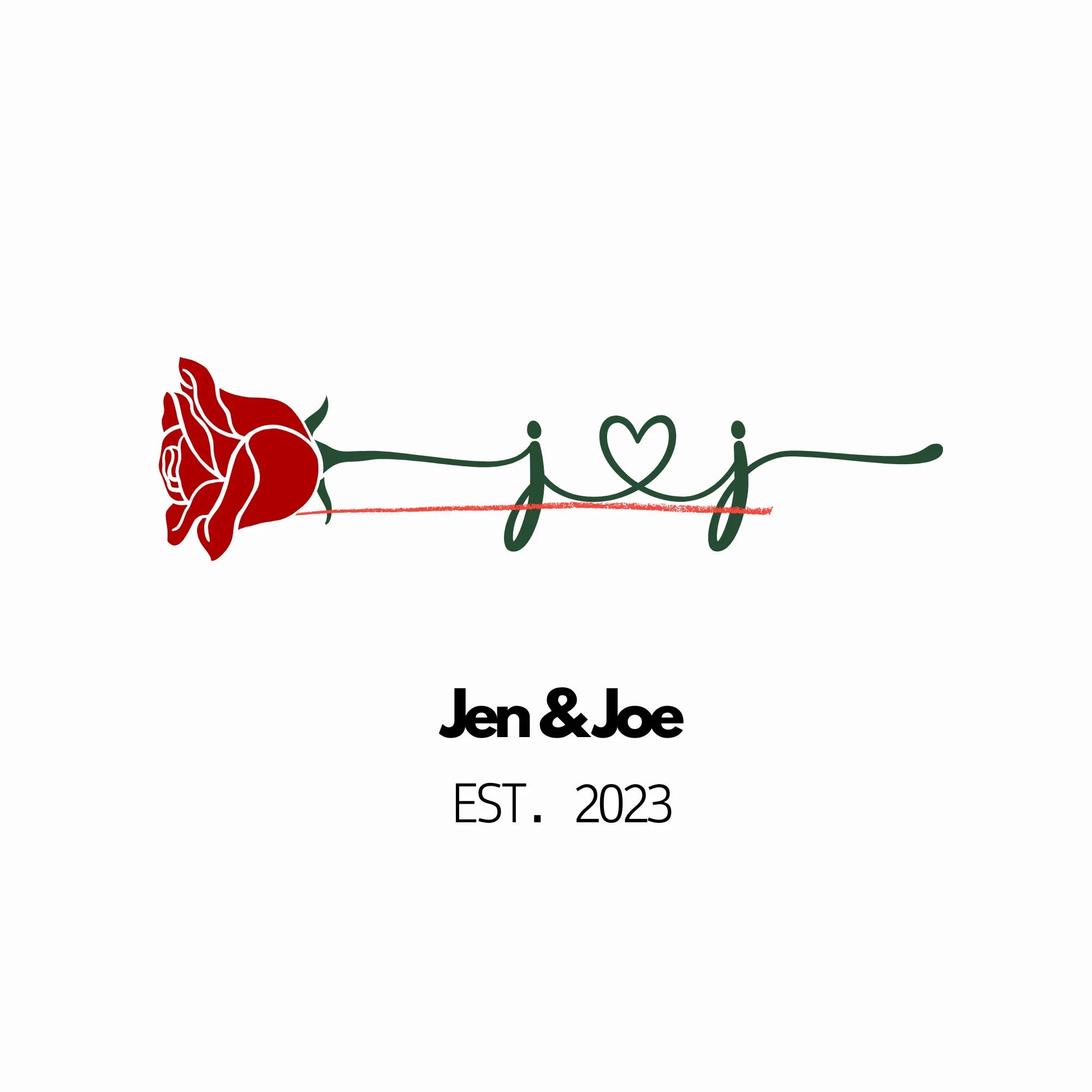 White personalized tote bag close-up with red rose and 'Jen&Joe' text
